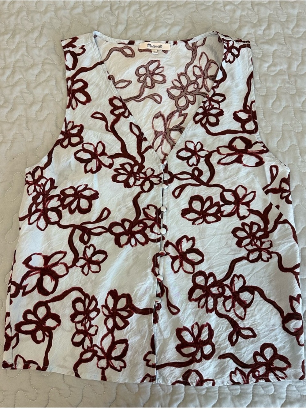 Madewell White Floral V-Neck Button Front Tank with Burgundy Print